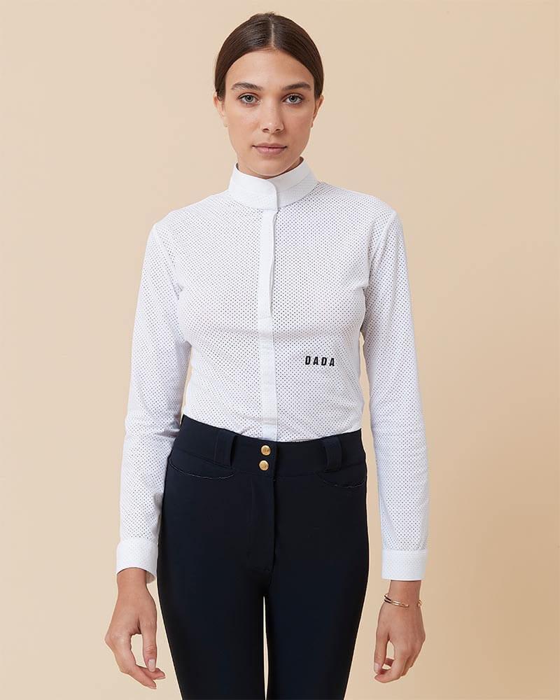 Dada Sport Helios ML Competition Polo Shirt - STRĒID. Long-sleeve fitted show polo with rigid officer collar, invisible buttons, microperforated recycled fabric, UPF 50+.