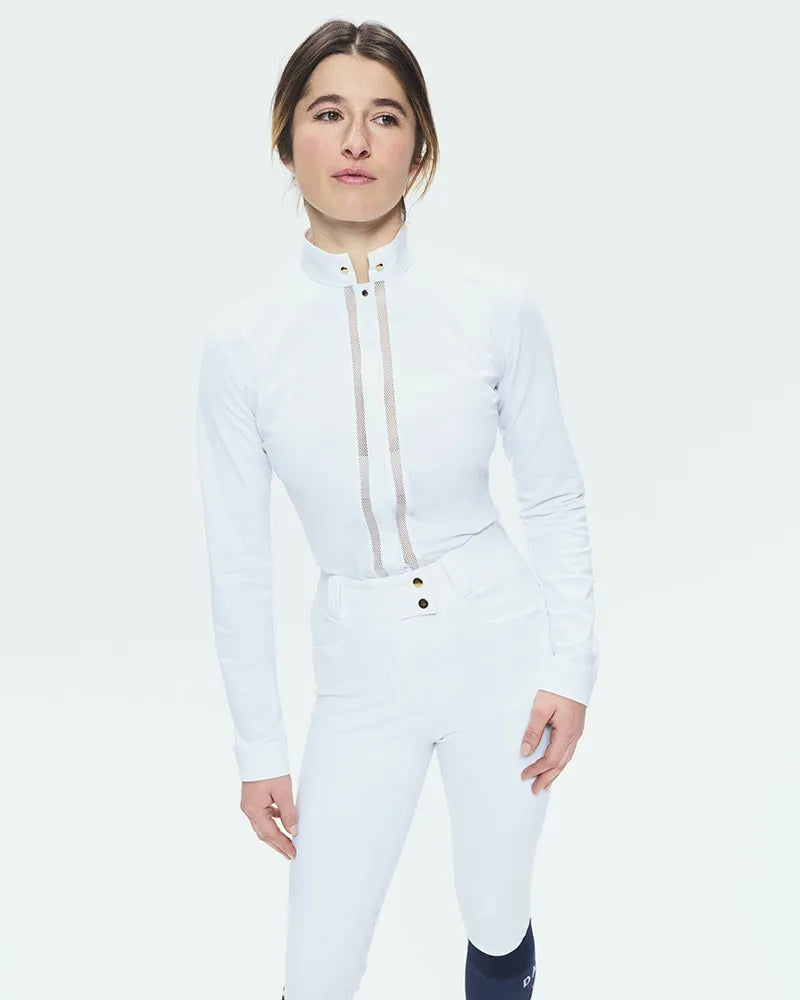 Dada Sport Venezia Competition Shirt - STRĒID. Long-sleeve slim-fit show shirt with rigid collar, hidden gold buttons, lace placket, UPF 50+, recycled Italian fabric.