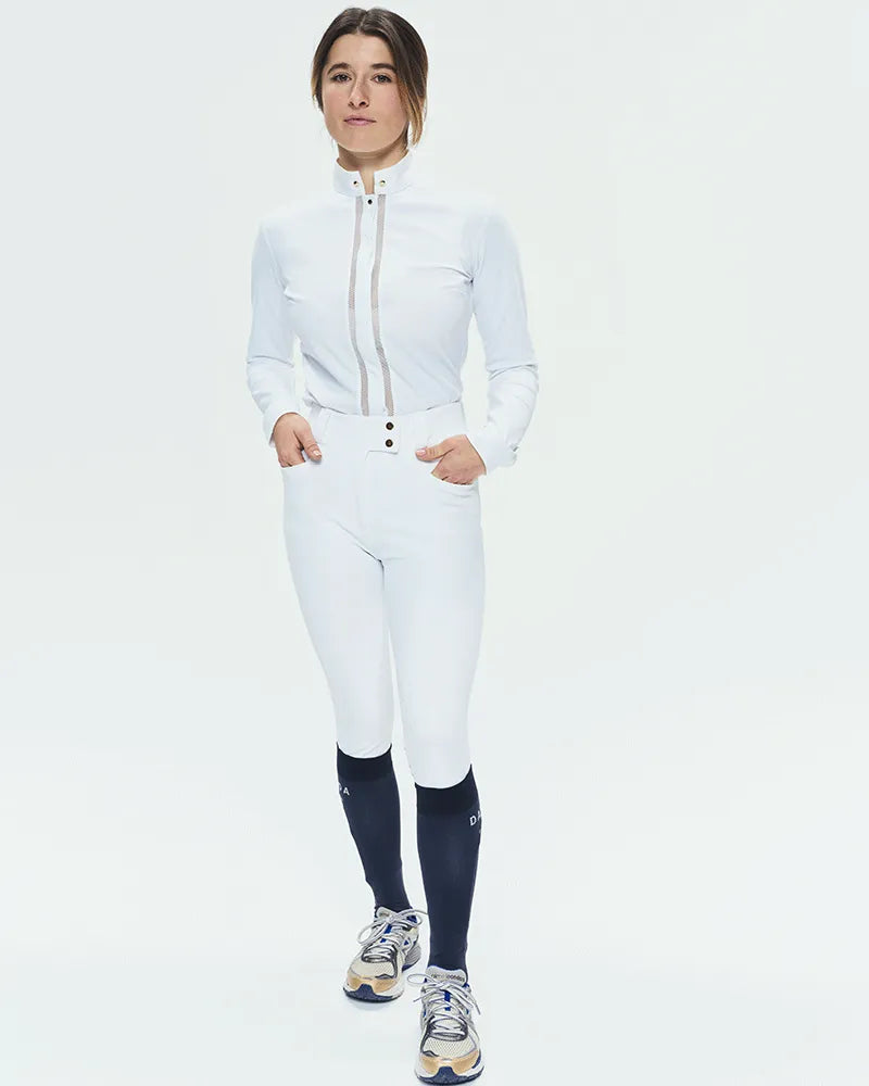 Dada Sport Venezia Competition Shirt - STRĒID. Long-sleeve slim-fit show shirt with rigid collar, hidden gold buttons, lace placket, UPF 50+, recycled Italian fabric.
