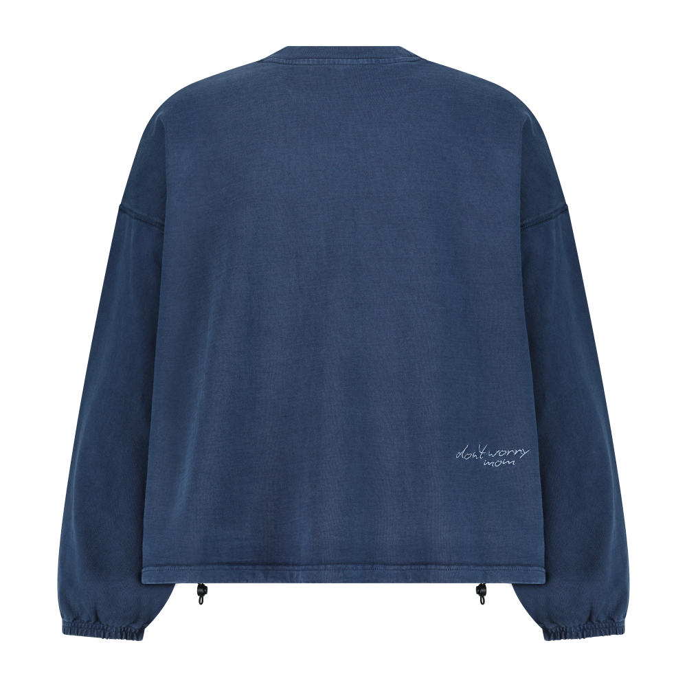Dubai Winter Ready Long Sleeve Denim Blue - Don't Worry Mom – STRĒID. Comfortable denim blue long sleeve tee perfect for cooler Dubai mornings and evenings.