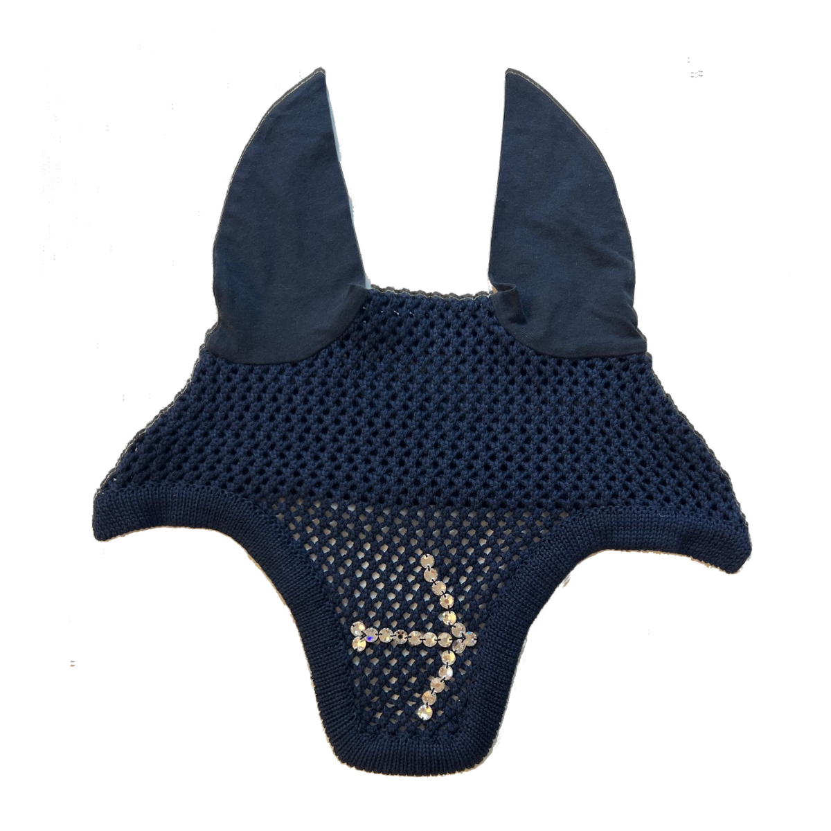 Fly Head Swarovski in Navy by LAGUSO - Strēid. Premium equestrian fly hood with Swarovski crystals and logo embroidery for horse comfort and style

