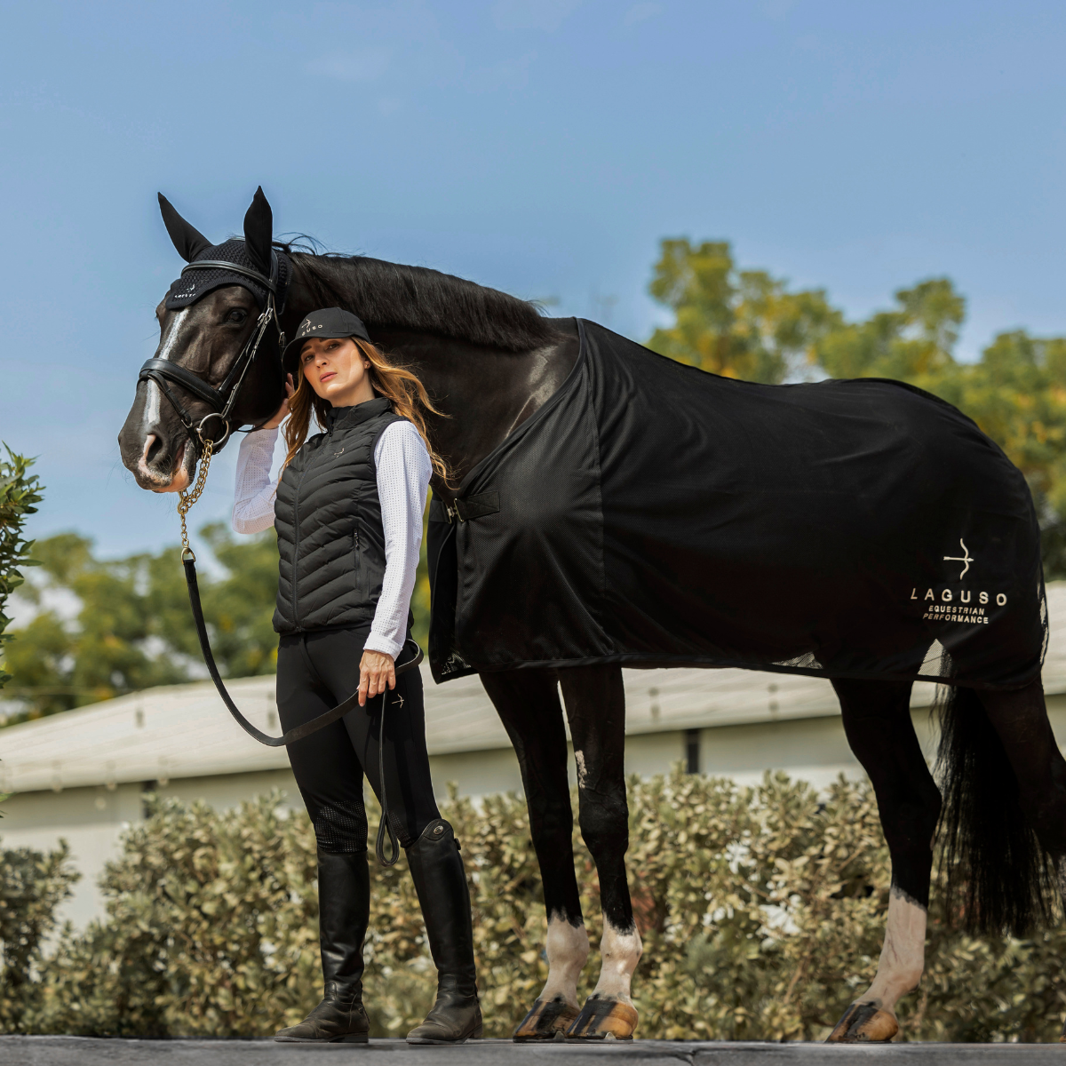 Fly Rug in Black by LAGUSO - Strēid. Premium equestrian fly blanket with buckle closure and LAGUSO embroidery

