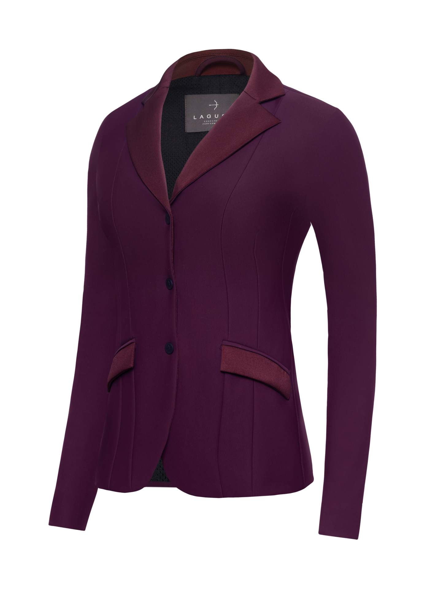 Jane Tec Competition Jacket in Plum by LAGUSO - STRĒID. Premium equestrian show jacket for horse riders with bi-elastic fabric and LPF 50 protection

