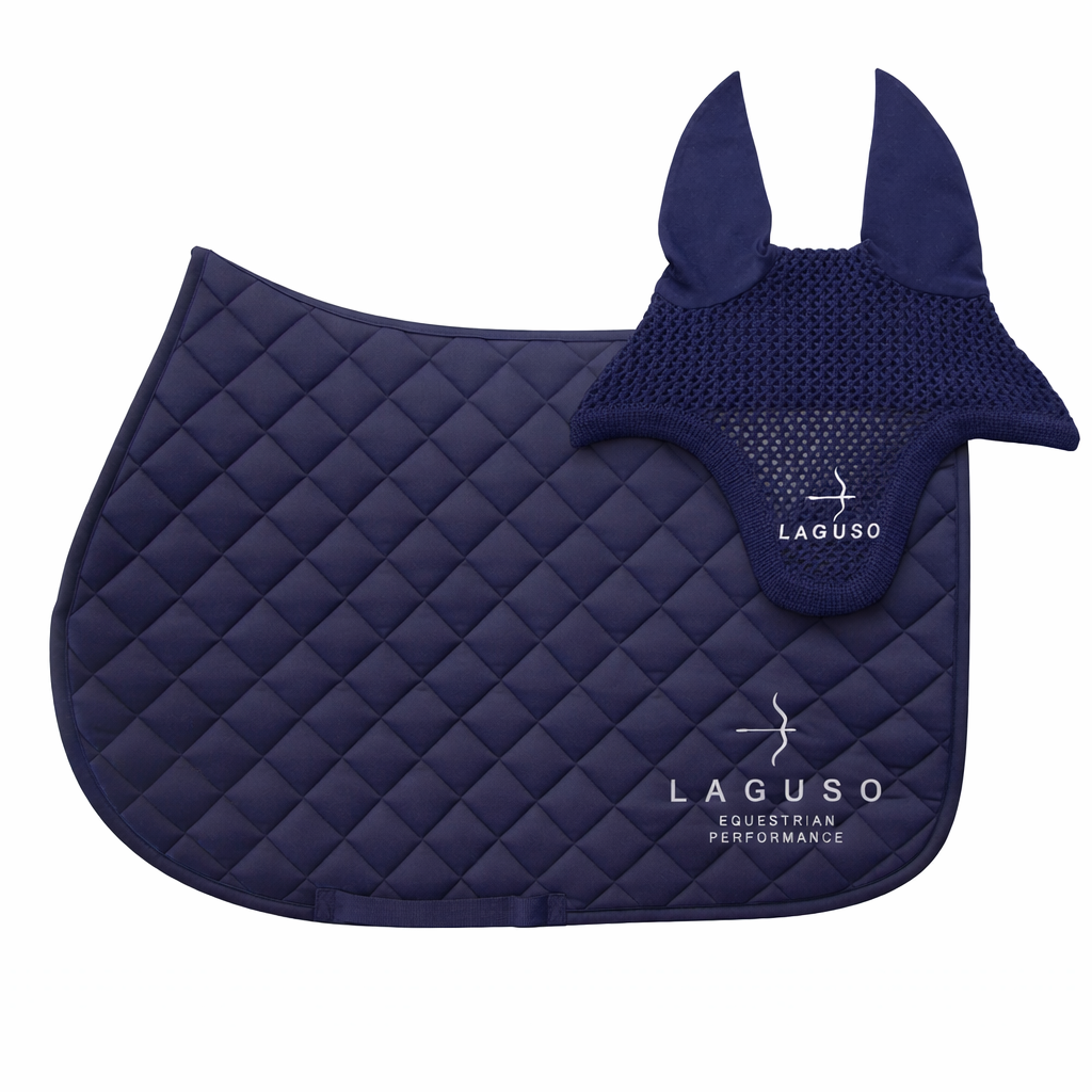LAGUSO Luxury Navy Saddle Pad & Fly Head Bundle - STRĒID. Equestrian bundle: breathable raw cotton pad plus LAGUSO logo fly hood in navy.