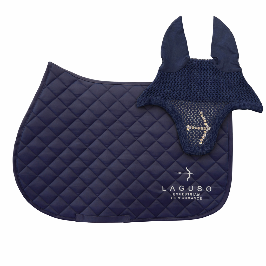 LAGUSO Luxury Navy Saddle Pad & Fly Hood Bundle - STRĒID. Elegant navy LAGUSO matching set for competitions – saddle pad and fly veil.