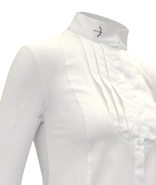 Laila White Kids Long Sleeve Blouse by LAGUSO - STRĒID. Elegant equestrian kidswear with pleated insert, SPF 50, and breathable white fabric