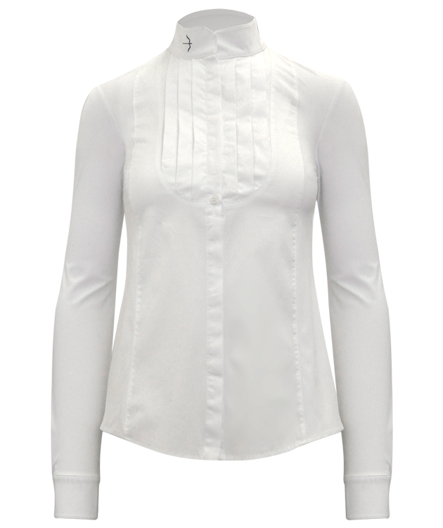Laila White Kids Long Sleeve Blouse by LAGUSO - STRĒID. Elegant equestrian kidswear with pleated insert, SPF 50, and breathable white fabric