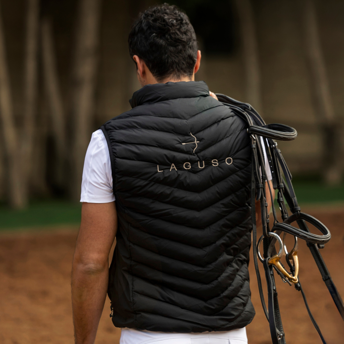 Peter Puffer Vest in Black by LAGUSO - Strēid. Lightweight equestrian vest with Primaloft filling and logo embroidery

