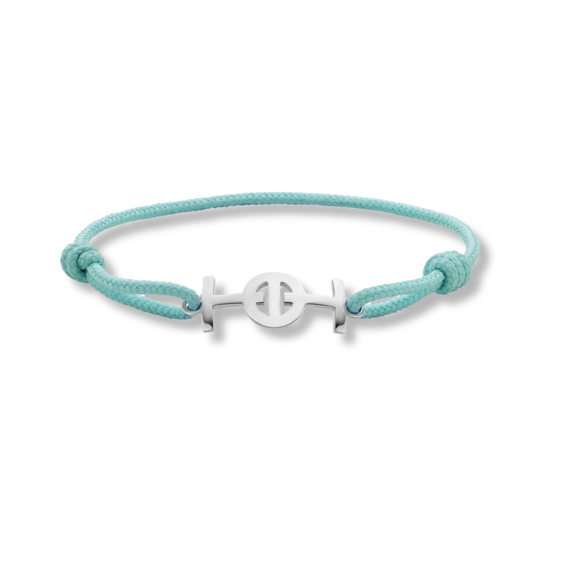 Silver Challenge Cord Bracelet in Aqua Blue by TOTI - Strēid. Vibrant monogram bracelet with aqua blue cord and empowerment symbolism.


