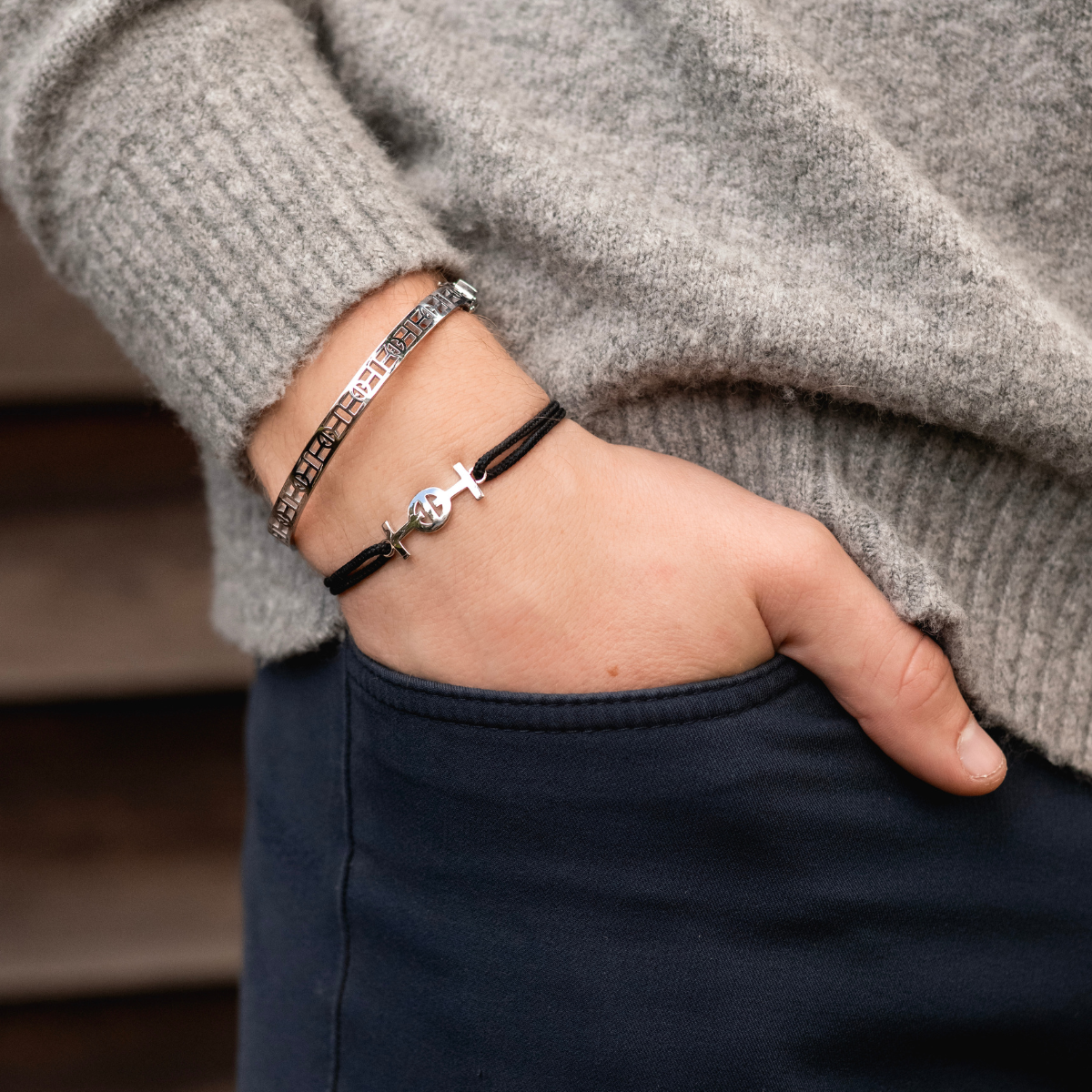 Silver Challenge Cord Bracelet in Black by TOTI - Strēid. Equestrian monogram bracelet with empowerment symbolism.

