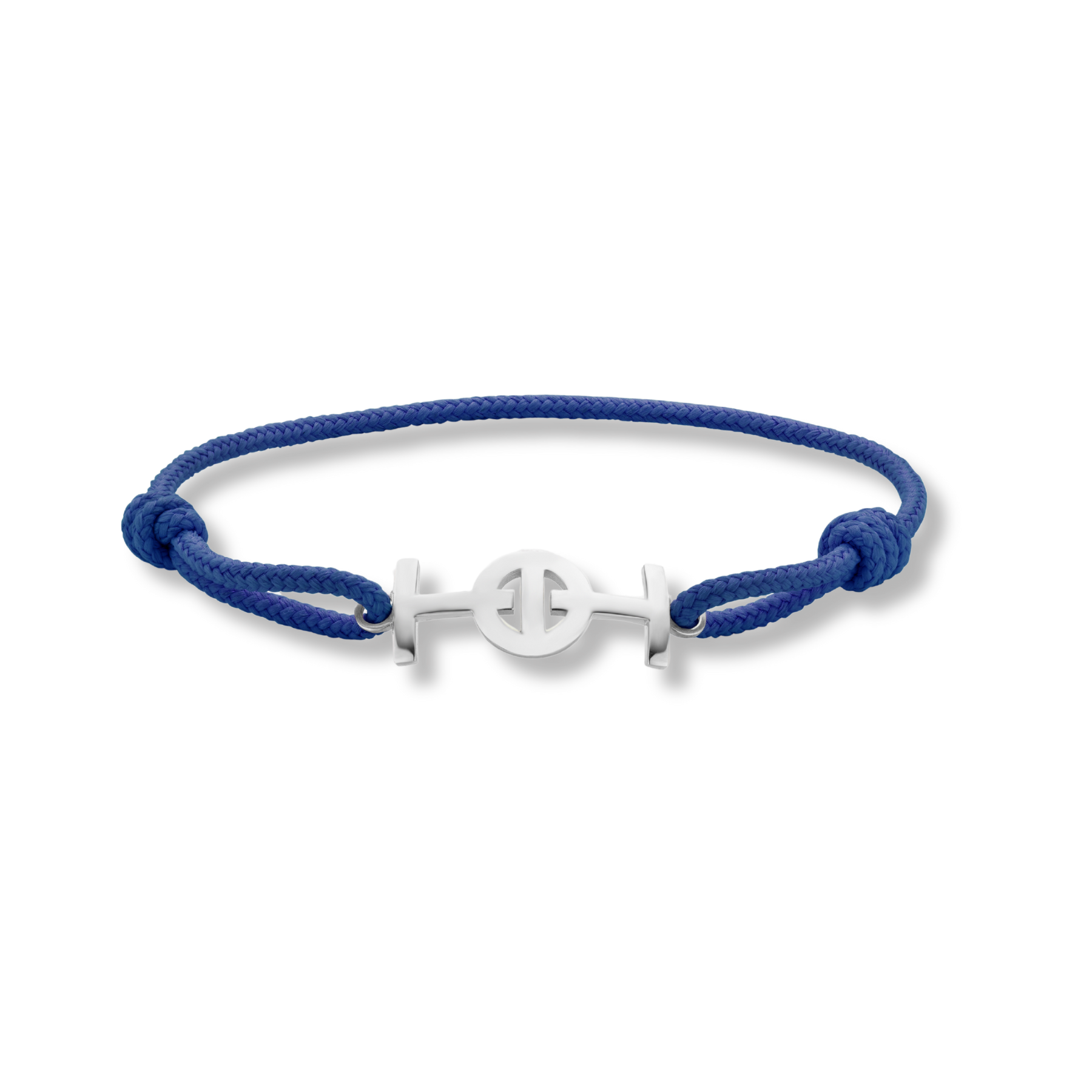 Silver Challenge Cord Bracelet in Blue by TOTI - Strēid. Vibrant monogram bracelet with blue cord and empowerment symbolism.

