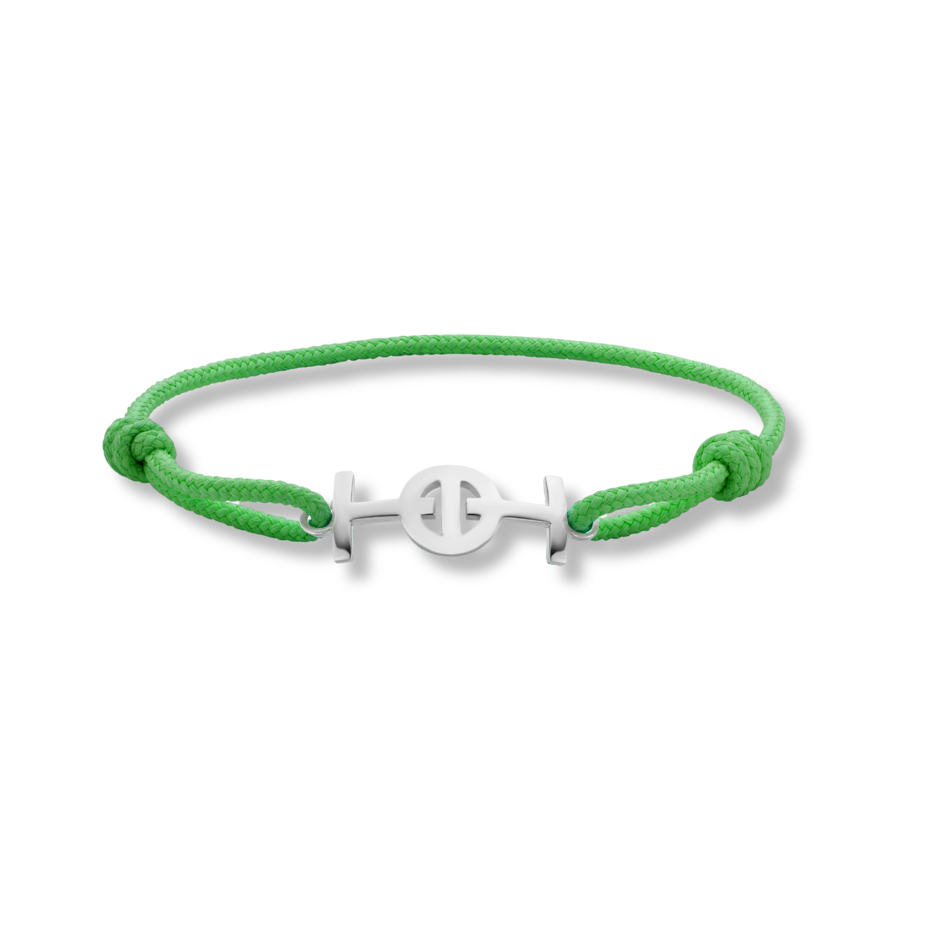 Silver Challenge Cord Bracelet in Green by TOTI - Strēid. Vibrant monogram bracelet with green cord and empowerment symbolism.

