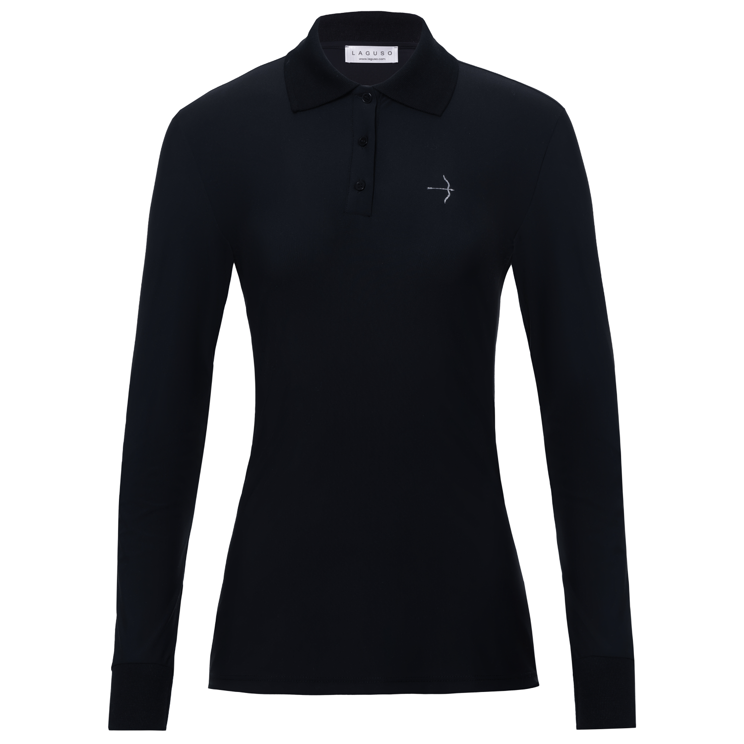 Tracy Polo Black Long Sleeve Training Shirt by LAGUSO - STRĒID. Sporty equestrian polo shirt with SPF 50 and breathable fabric for horse riders.
