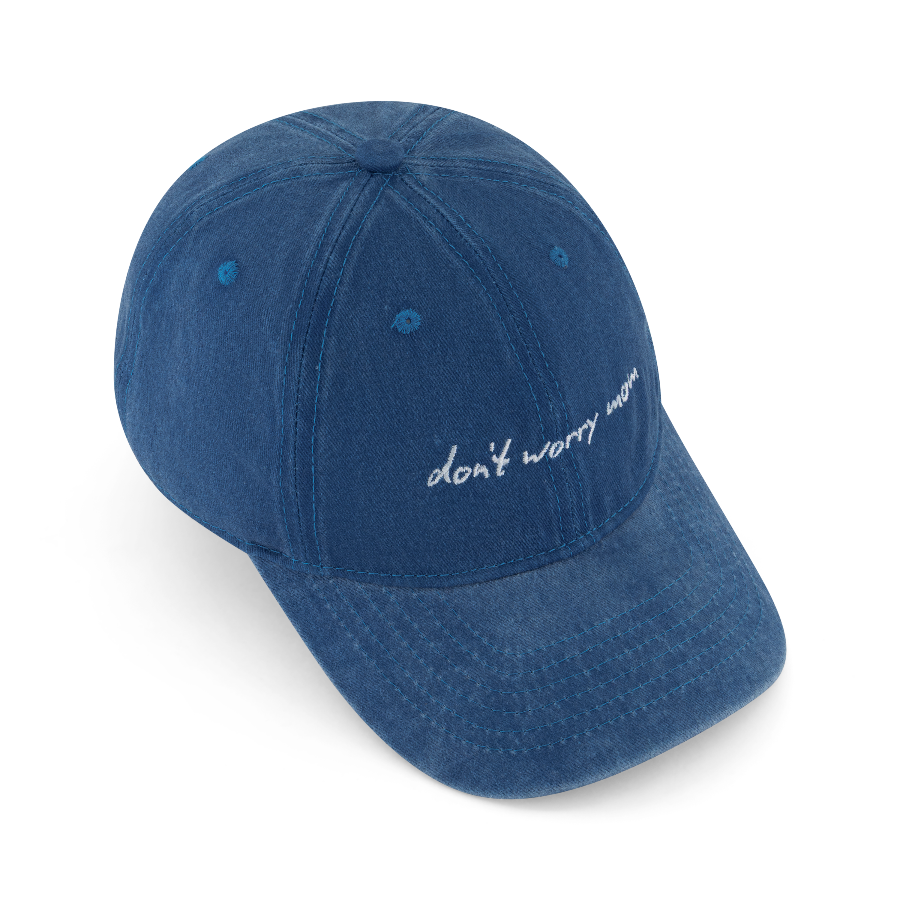 Washed Denim Cap - Don't Worry Mom – STRĒID. Soft vintage washed denim baseball cap designed in Dubai.