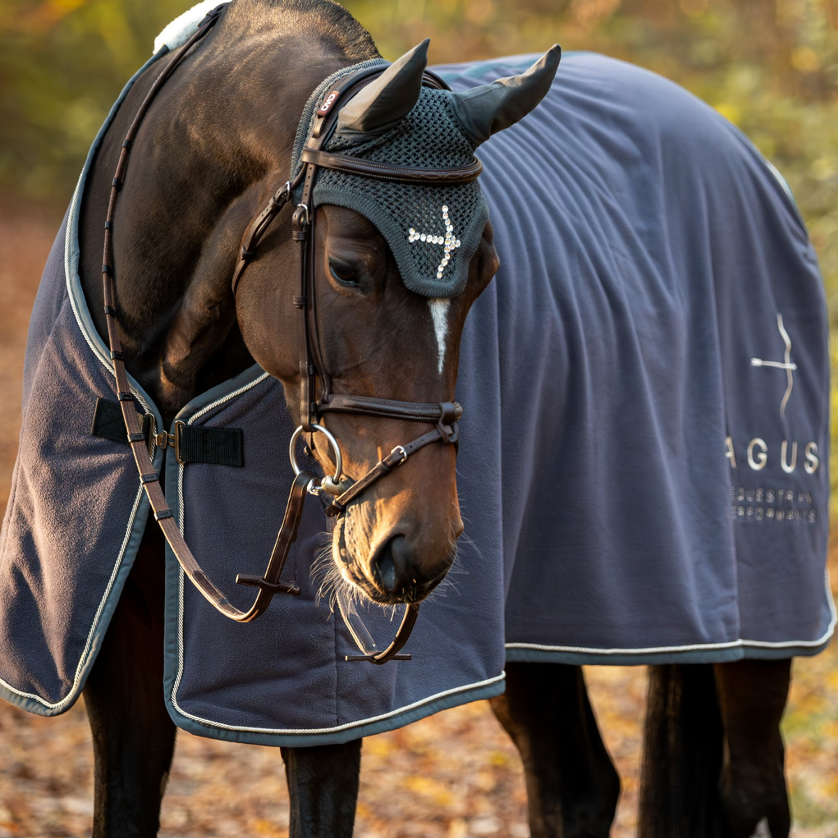fly Head Swarovski in Grey by LAGUSO - Strēid. Premium horse fly hood with Swarovski details and LAGUSO embroidery for equestrian protection

